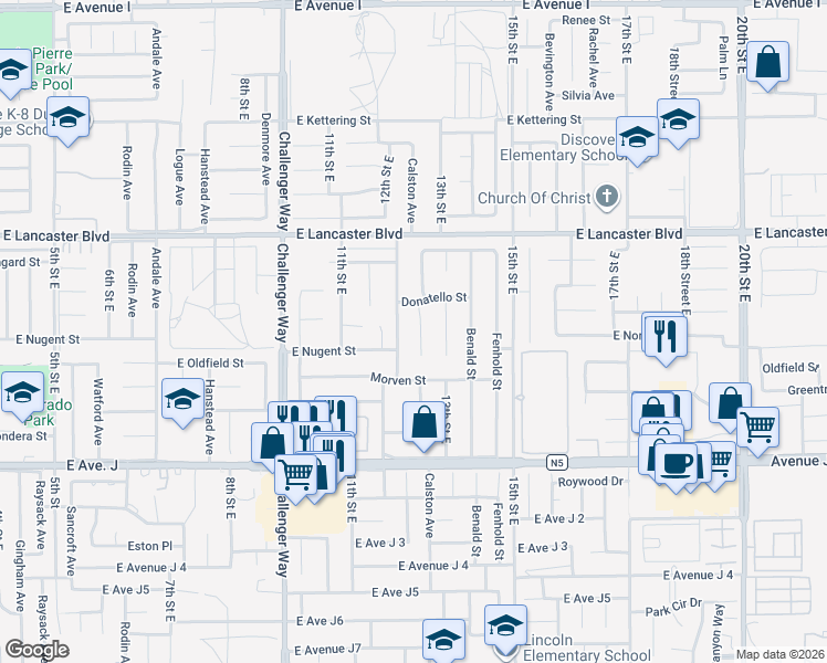 map of restaurants, bars, coffee shops, grocery stores, and more near 44633 Calston Avenue in Lancaster