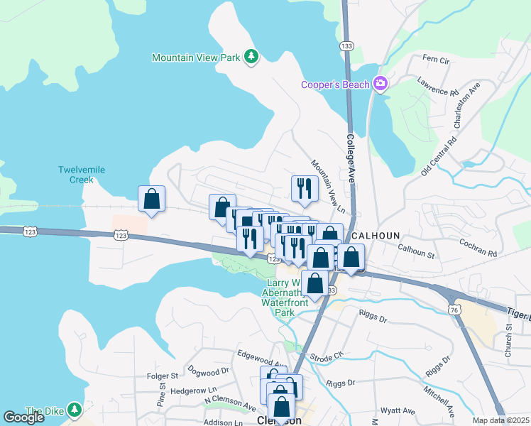 map of restaurants, bars, coffee shops, grocery stores, and more near 220 Elm Street in Clemson