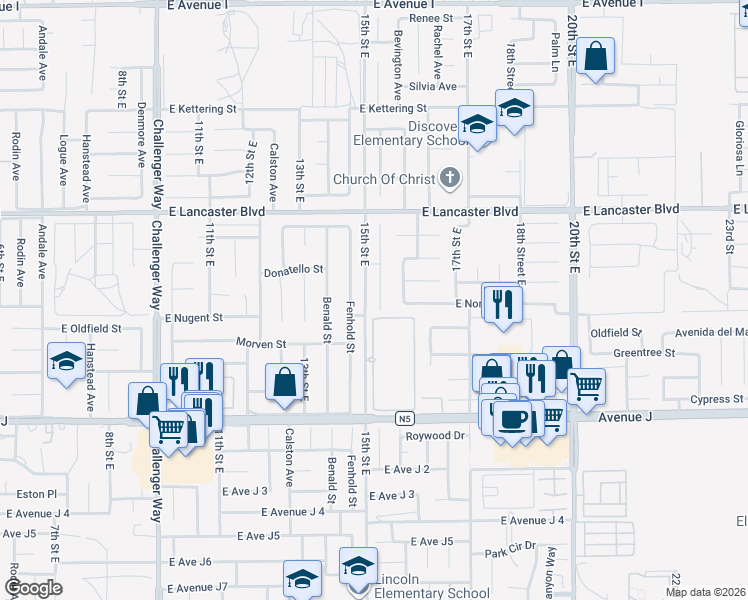 map of restaurants, bars, coffee shops, grocery stores, and more near 44615 Foxboro Court in Lancaster