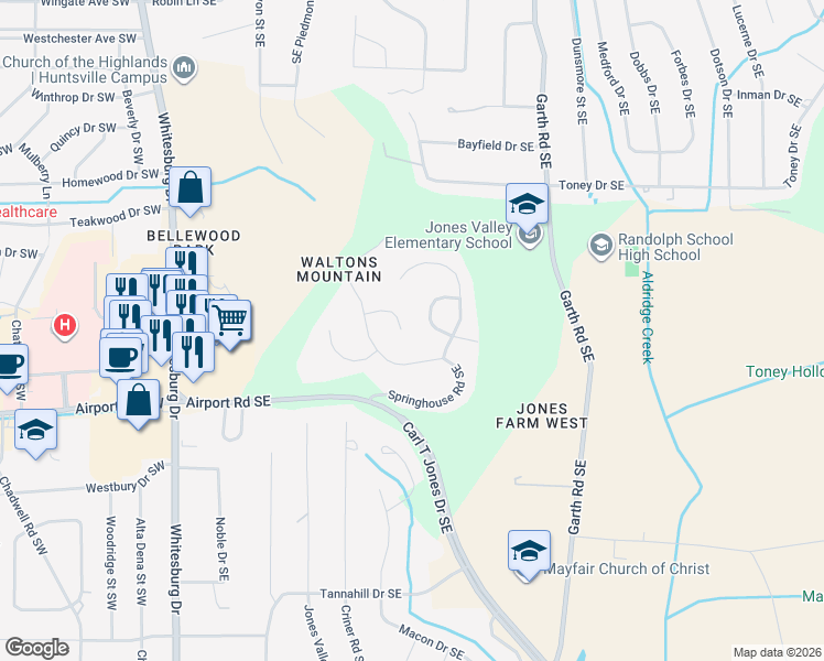 map of restaurants, bars, coffee shops, grocery stores, and more near 4511 Old Farm Circle Southeast in Huntsville