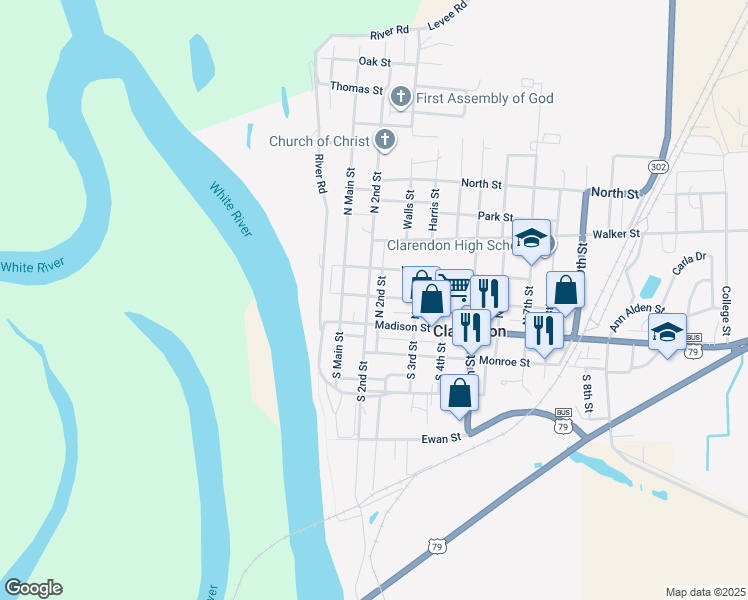 map of restaurants, bars, coffee shops, grocery stores, and more near 124 North 2nd Street in Clarendon
