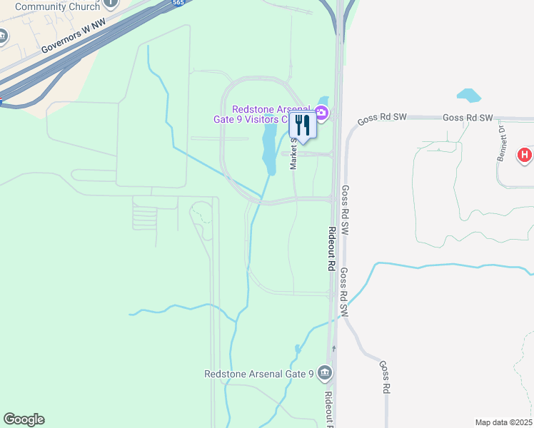 map of restaurants, bars, coffee shops, grocery stores, and more near 8800 Redstone Gateway Southwest in Huntsville