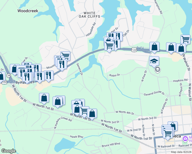map of restaurants, bars, coffee shops, grocery stores, and more near 200 Winterberry Lane in Seneca