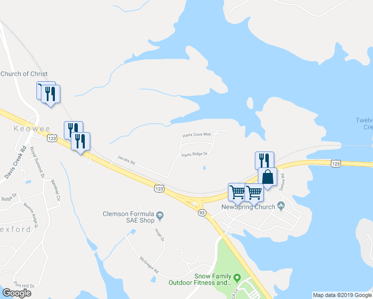 map of restaurants, bars, coffee shops, grocery stores, and more near 1121 Harts Ridge Drive in Seneca