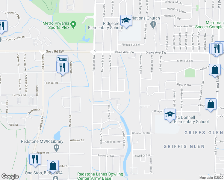 map of restaurants, bars, coffee shops, grocery stores, and more near 4007 Foster Avenue Southwest in Huntsville