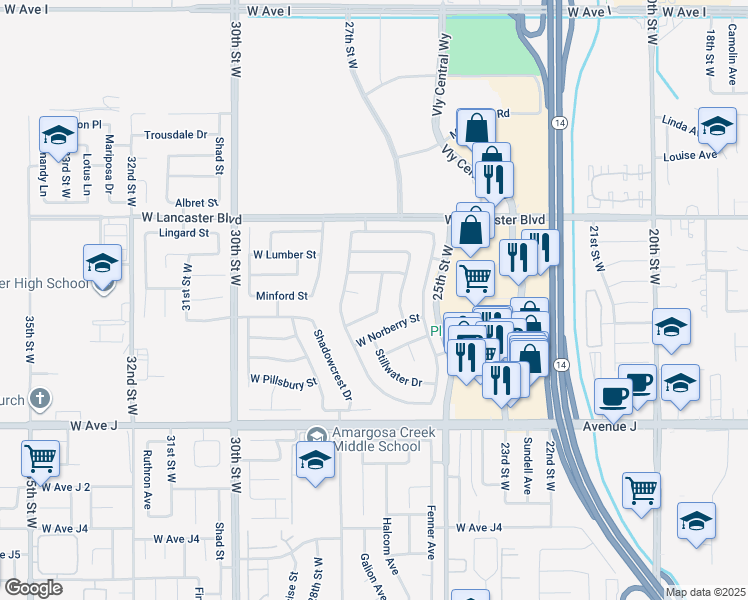 map of restaurants, bars, coffee shops, grocery stores, and more near 44625 Stillwater Drive in Lancaster