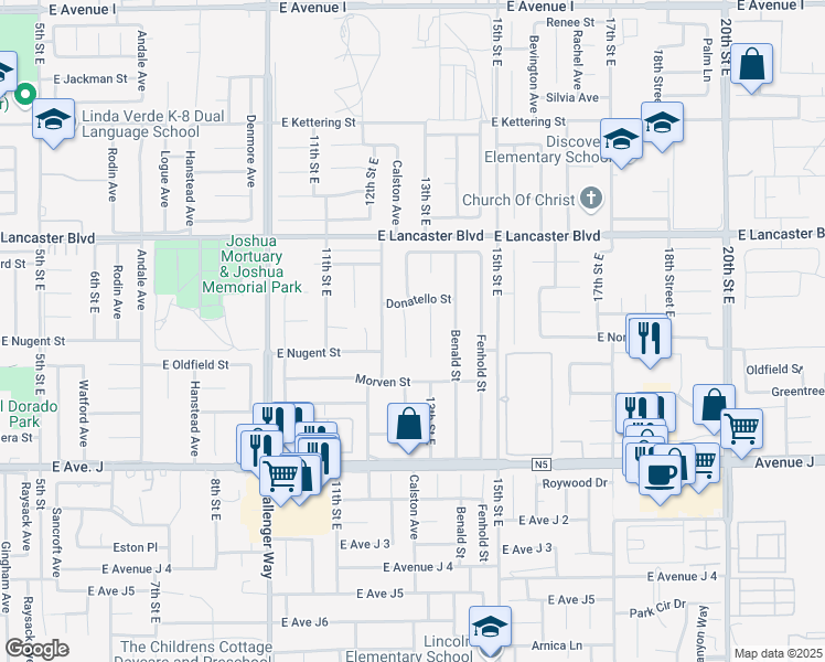 map of restaurants, bars, coffee shops, grocery stores, and more near 44636 Calston Avenue in Lancaster
