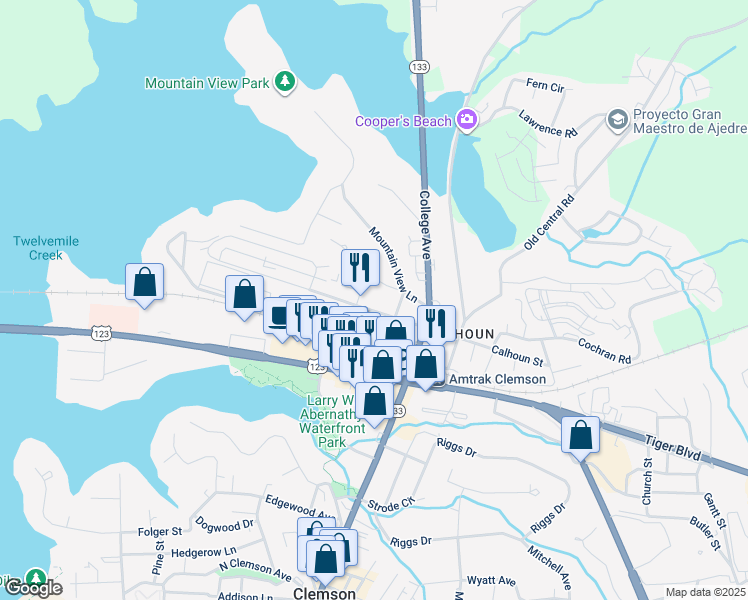 map of restaurants, bars, coffee shops, grocery stores, and more near 201 Pickens Street in Clemson
