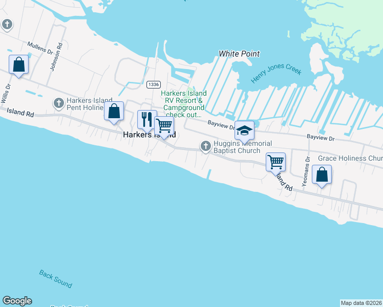 map of restaurants, bars, coffee shops, grocery stores, and more near 100-198 Pelican Ln in Harkers Island