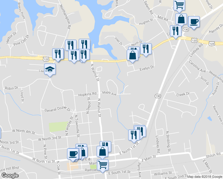 map of restaurants, bars, coffee shops, grocery stores, and more near 100 Willow Creek Circle in Seneca