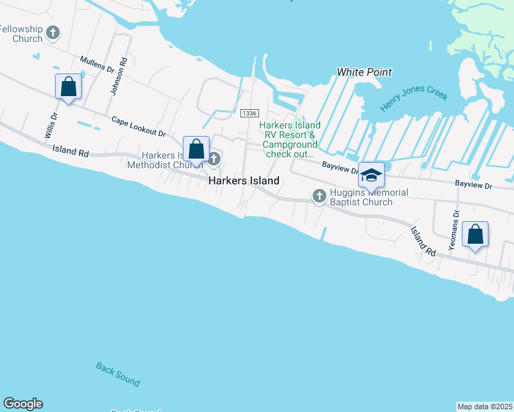 map of restaurants, bars, coffee shops, grocery stores, and more near 1012 Island Road in Harkers Island