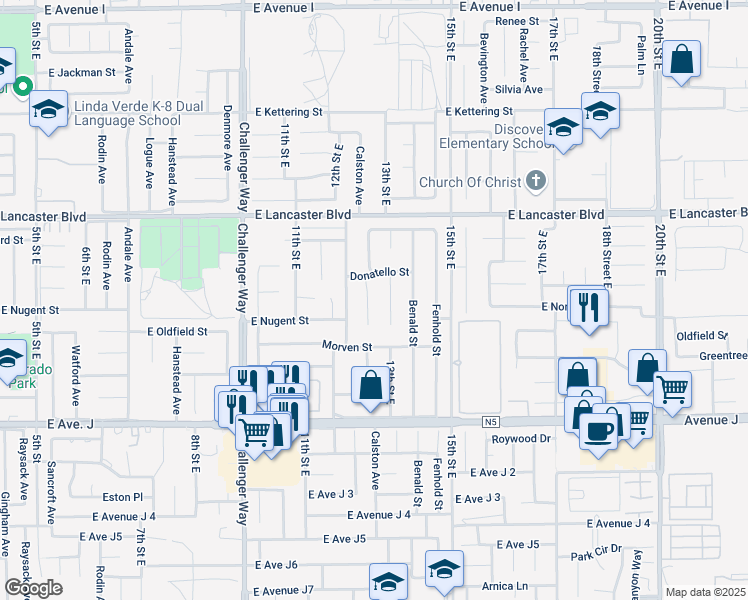 map of restaurants, bars, coffee shops, grocery stores, and more near 44636 Calston Avenue in Lancaster