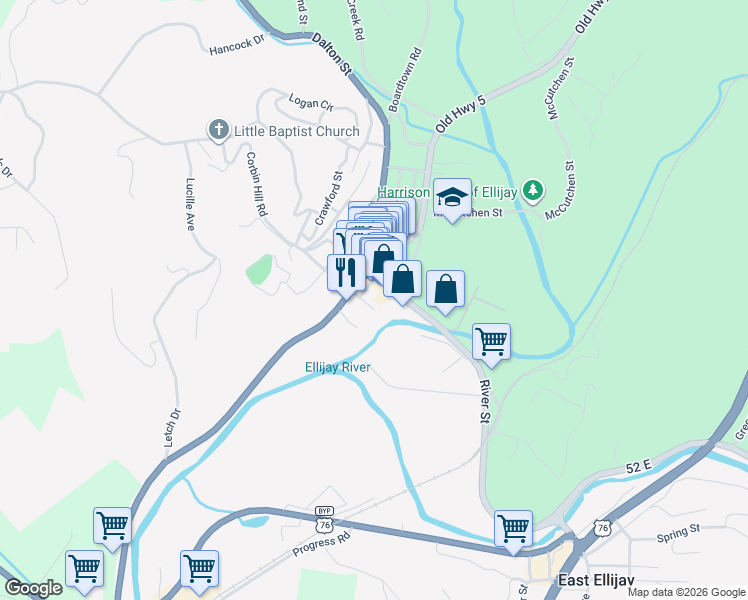 map of restaurants, bars, coffee shops, grocery stores, and more near 90 Spring Street in Ellijay