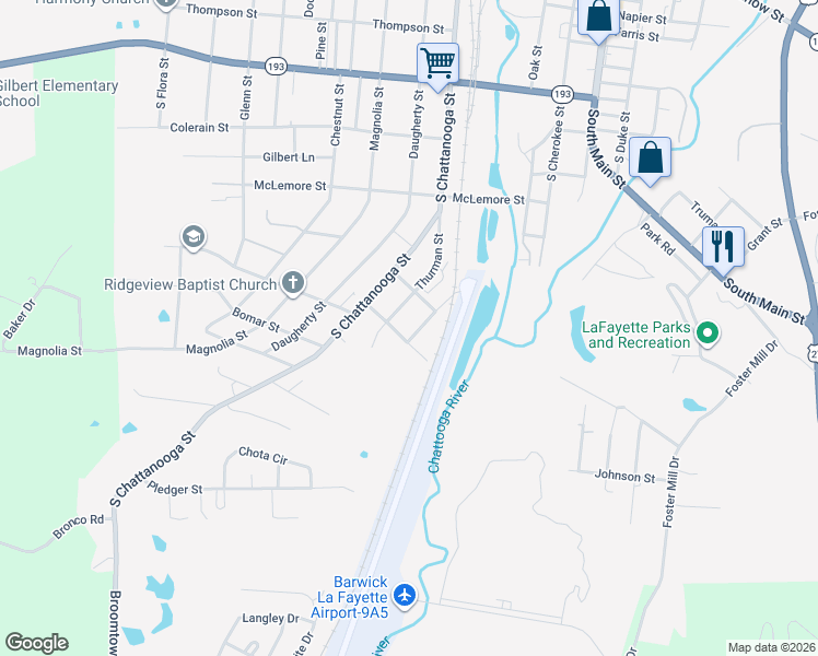 map of restaurants, bars, coffee shops, grocery stores, and more near 909A Worth Street in LaFayette