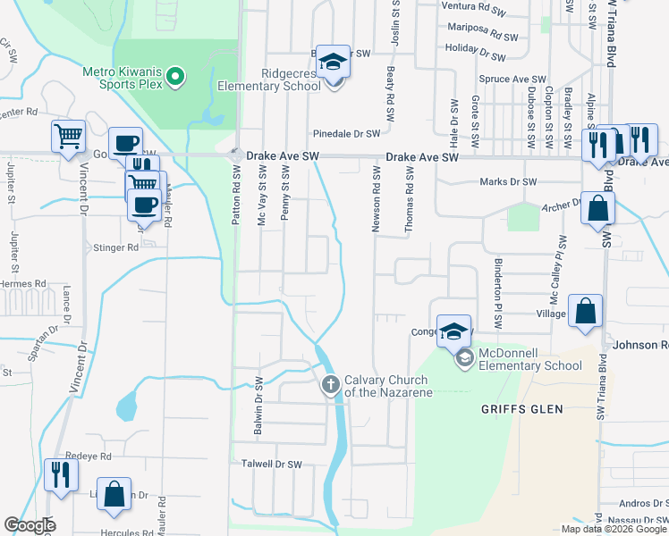 map of restaurants, bars, coffee shops, grocery stores, and more near 4011 Eunice Street Southwest in Huntsville