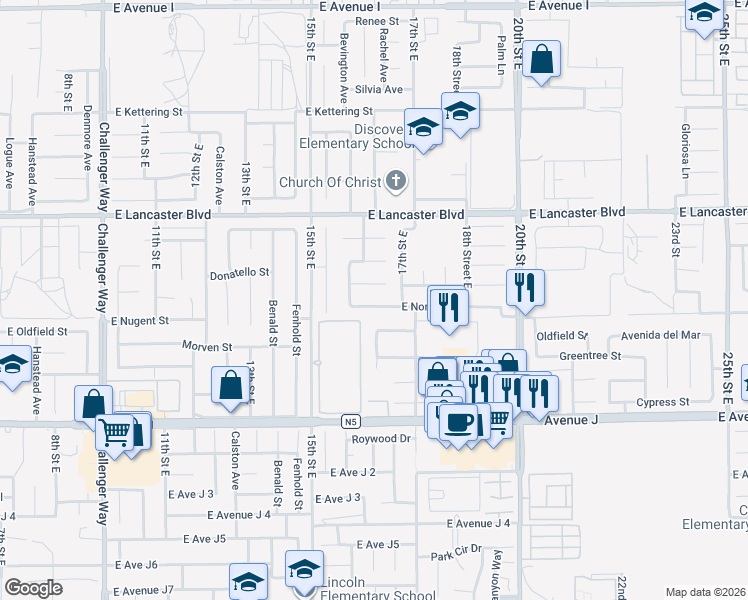 map of restaurants, bars, coffee shops, grocery stores, and more near 1607 East Norberry Street in Lancaster