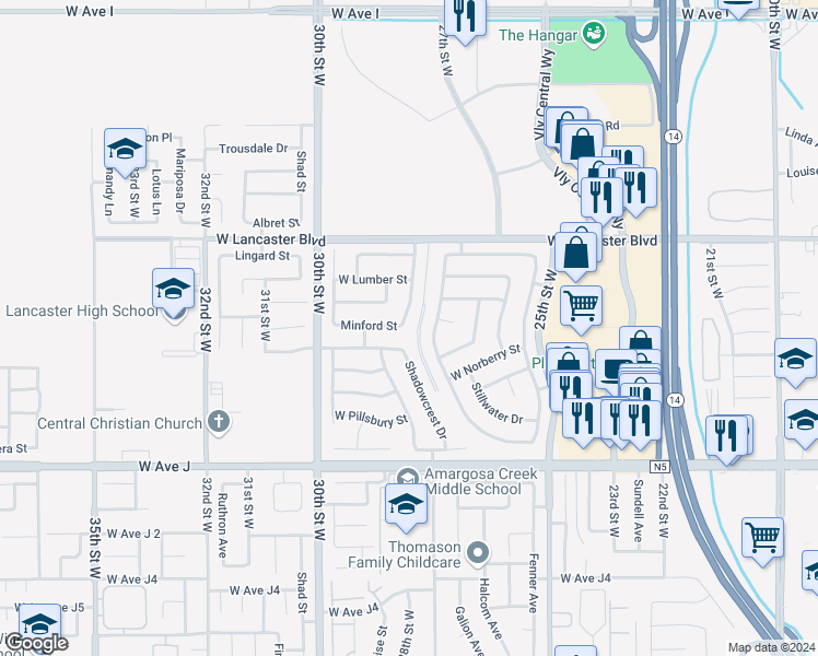 map of restaurants, bars, coffee shops, grocery stores, and more near 44628 Shadowcrest Drive in Lancaster