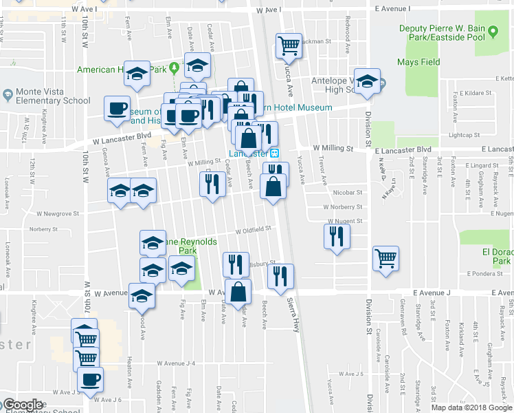 map of restaurants, bars, coffee shops, grocery stores, and more near 44634 Beech Avenue in Lancaster