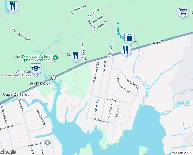 map of restaurants, bars, coffee shops, grocery stores, and more near 100-198 Lejeune Rd in Cape Carteret
