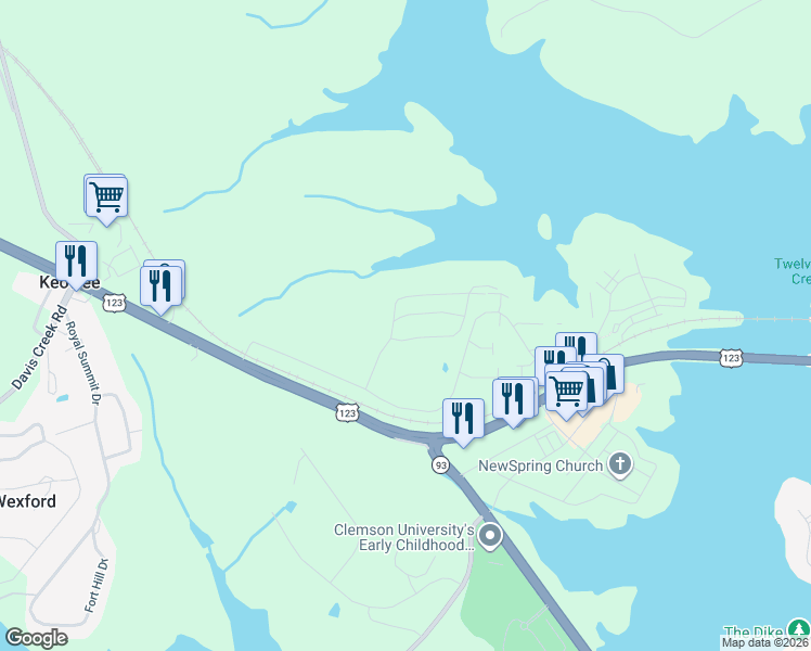 map of restaurants, bars, coffee shops, grocery stores, and more near 1133 Harts Ridge Drive in Seneca