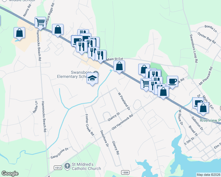 map of restaurants, bars, coffee shops, grocery stores, and more near South Holly Lane in Swansboro
