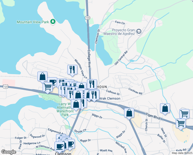 map of restaurants, bars, coffee shops, grocery stores, and more near 108 Clemson Street in Clemson
