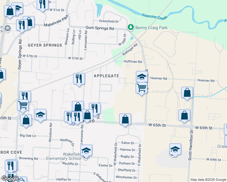 map of restaurants, bars, coffee shops, grocery stores, and more near 27 Allyson Circle in Little Rock
