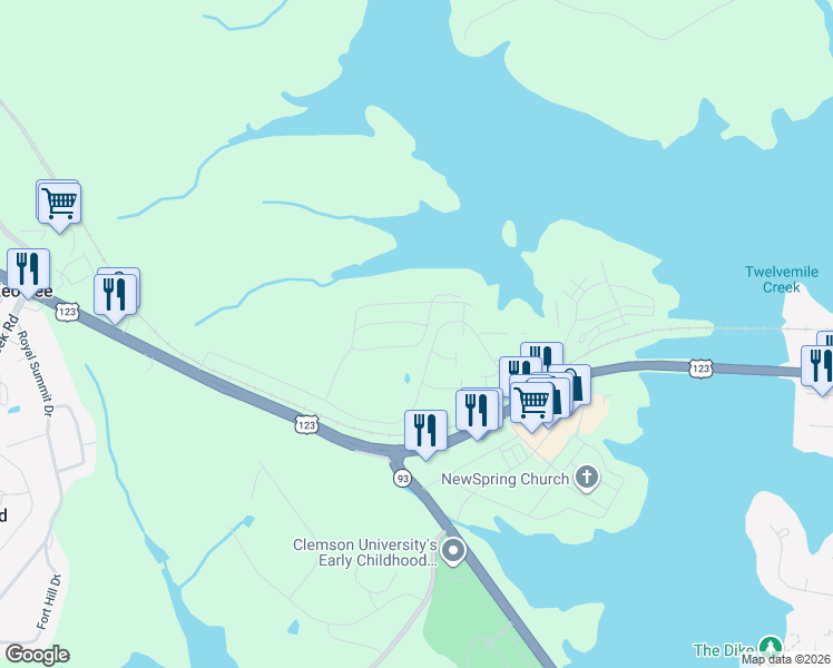 map of restaurants, bars, coffee shops, grocery stores, and more near 1631 Harts Ridge Drive in Seneca