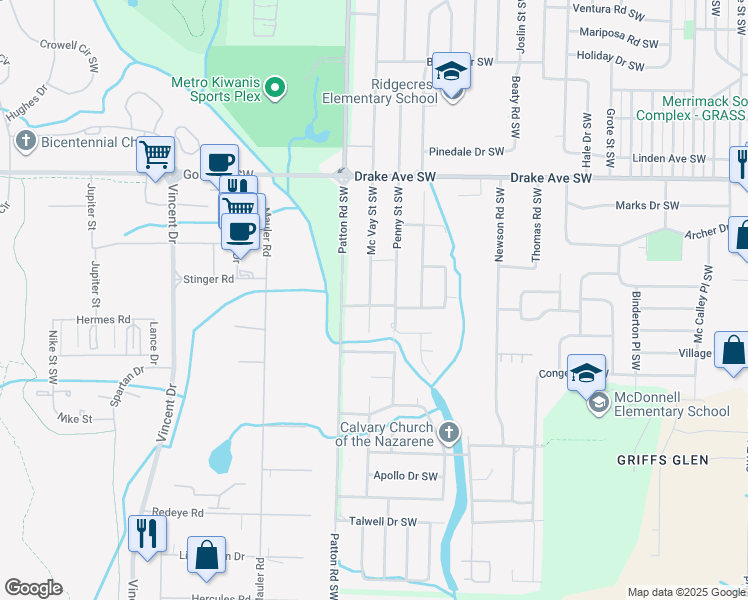 map of restaurants, bars, coffee shops, grocery stores, and more near 4102 Mc Vay Street Southwest in Huntsville
