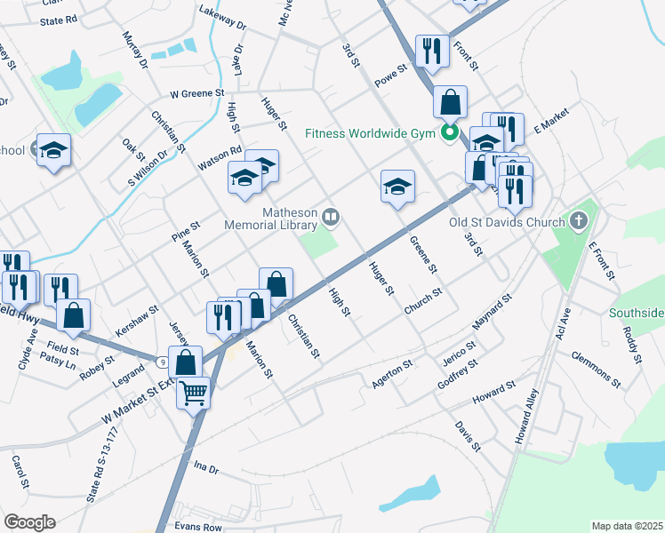map of restaurants, bars, coffee shops, grocery stores, and more near 602 Market Street in Cheraw