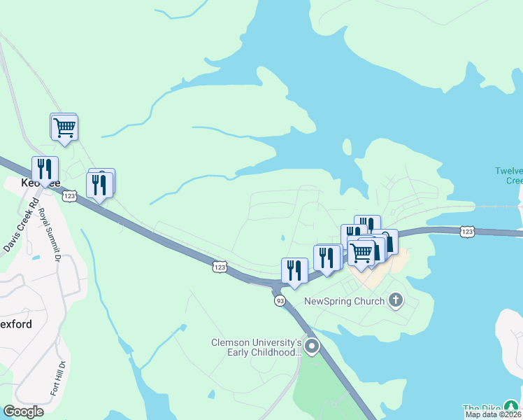 map of restaurants, bars, coffee shops, grocery stores, and more near 1222 Harts Ridge Drive in Seneca