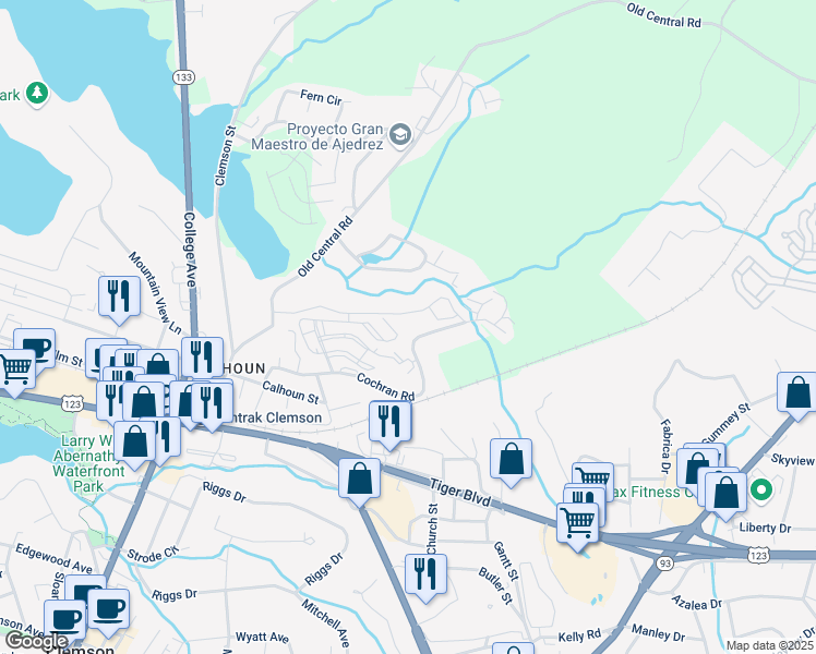 map of restaurants, bars, coffee shops, grocery stores, and more near 209 Cochran Road in Clemson