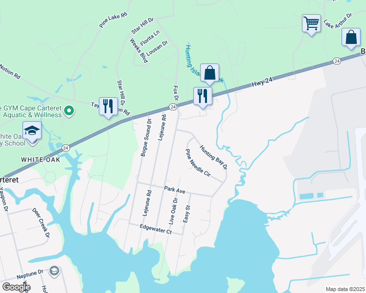 map of restaurants, bars, coffee shops, grocery stores, and more near 127 Pine Needle Circle in Cape Carteret