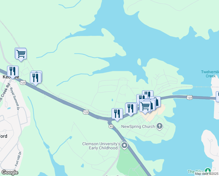 map of restaurants, bars, coffee shops, grocery stores, and more near 1331 Harts Ridge Drive in Seneca