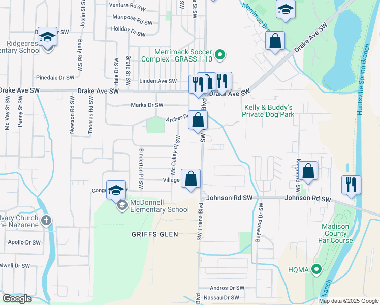 map of restaurants, bars, coffee shops, grocery stores, and more near in Huntsville