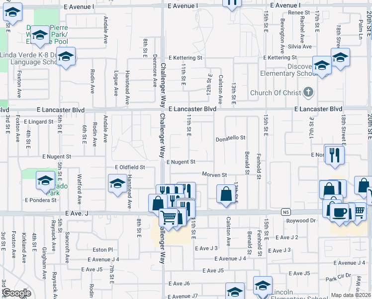 map of restaurants, bars, coffee shops, grocery stores, and more near 44627 11th Street East in Lancaster