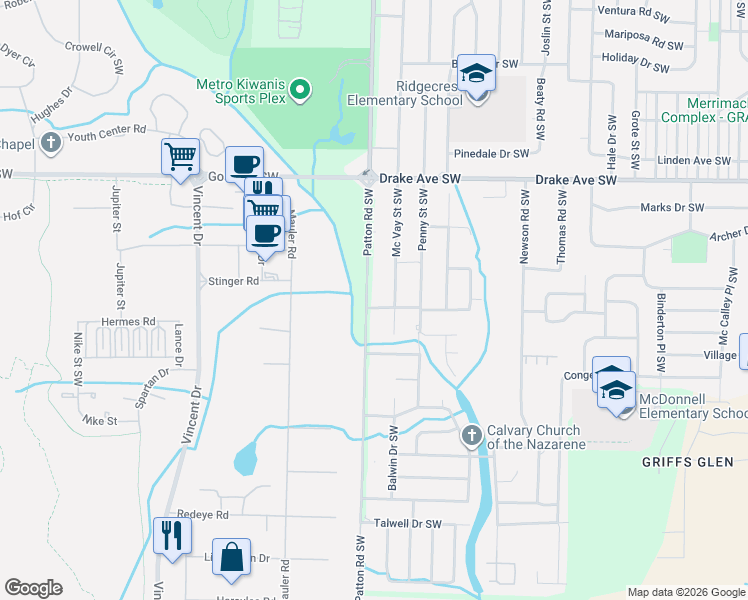 map of restaurants, bars, coffee shops, grocery stores, and more near 4510 Foster Avenue Southwest in Huntsville