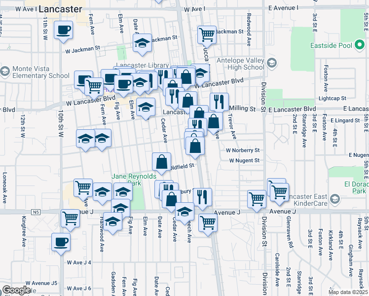 map of restaurants, bars, coffee shops, grocery stores, and more near 44644 Beech Avenue in Lancaster