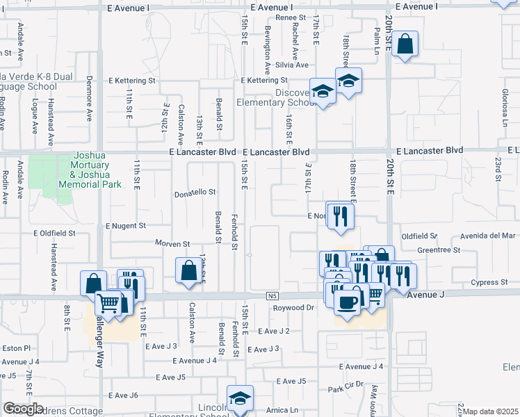 map of restaurants, bars, coffee shops, grocery stores, and more near 44626 Foxboro Court in Lancaster