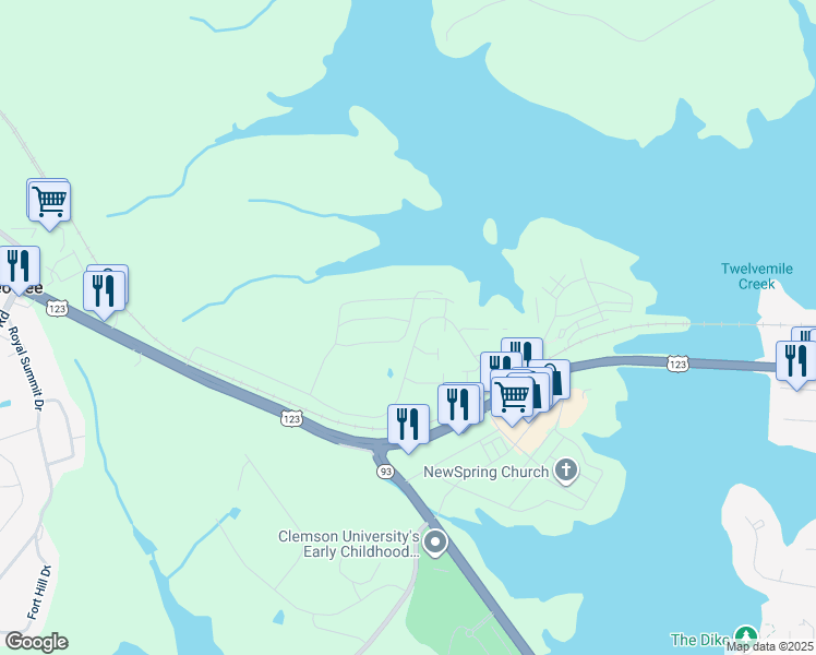 map of restaurants, bars, coffee shops, grocery stores, and more near 1613 Harts Ridge Drive in Seneca