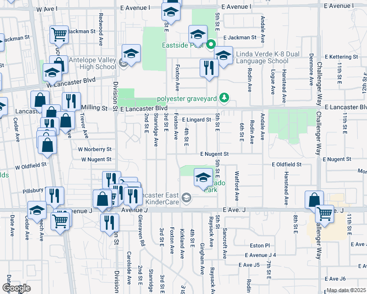 map of restaurants, bars, coffee shops, grocery stores, and more near 331 East Nugent Street in Lancaster