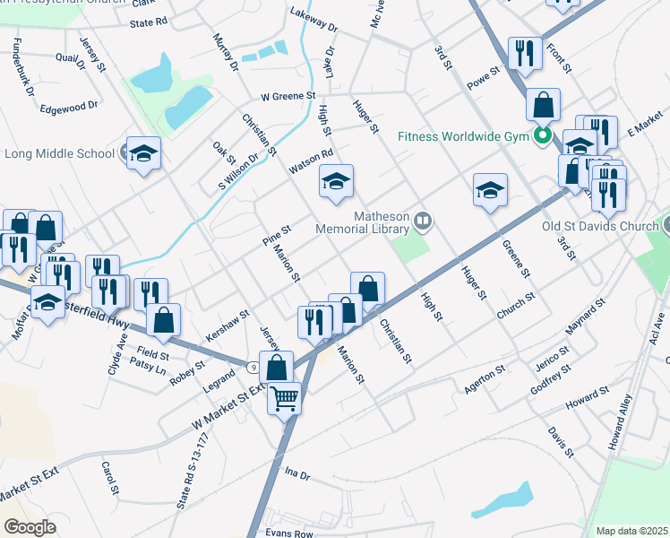 map of restaurants, bars, coffee shops, grocery stores, and more near 215 Christian Street in Cheraw