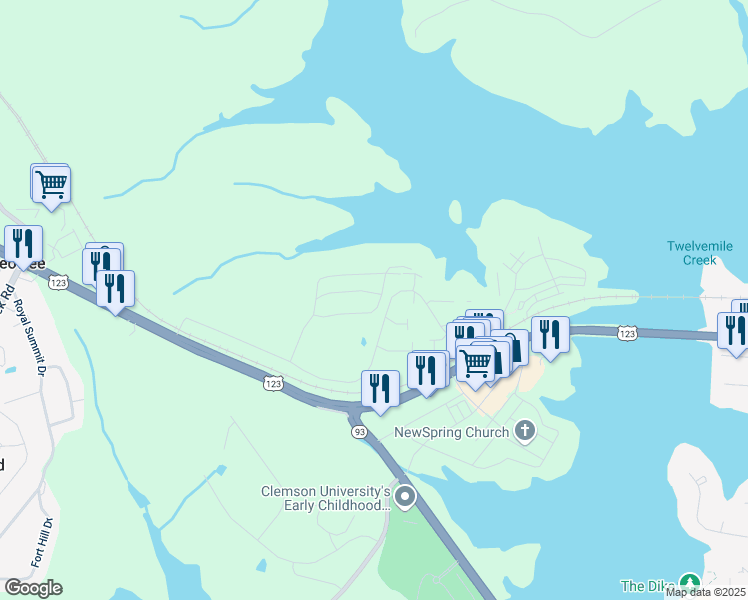 map of restaurants, bars, coffee shops, grocery stores, and more near 1631 Harts Ridge Drive in Seneca