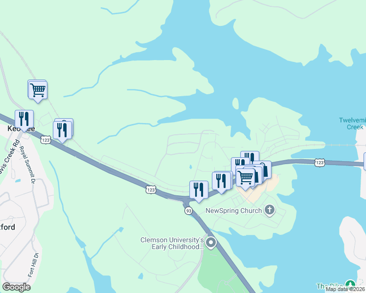 map of restaurants, bars, coffee shops, grocery stores, and more near 1331 Harts Ridge Drive in Seneca