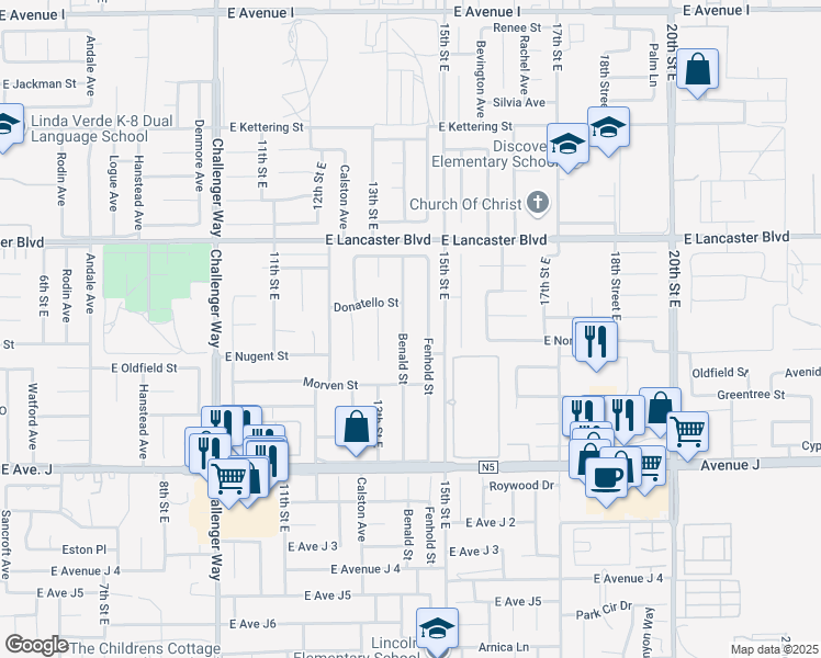 map of restaurants, bars, coffee shops, grocery stores, and more near 44626 Benald Street in Lancaster