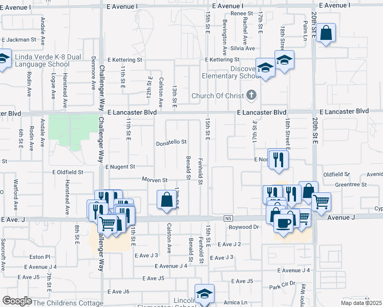 map of restaurants, bars, coffee shops, grocery stores, and more near 44626 Benald Street in Lancaster