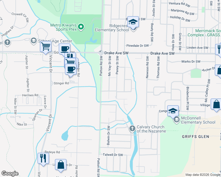 map of restaurants, bars, coffee shops, grocery stores, and more near 4102 Mc Vay Street Southwest in Huntsville