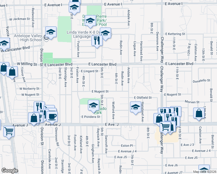 map of restaurants, bars, coffee shops, grocery stores, and more near 520 East Norberry Street in Lancaster