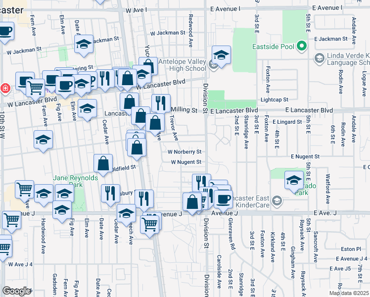 map of restaurants, bars, coffee shops, grocery stores, and more near 44618 Trevor Avenue in Lancaster
