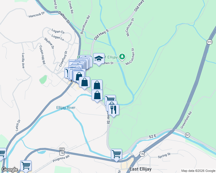map of restaurants, bars, coffee shops, grocery stores, and more near River Street in Ellijay